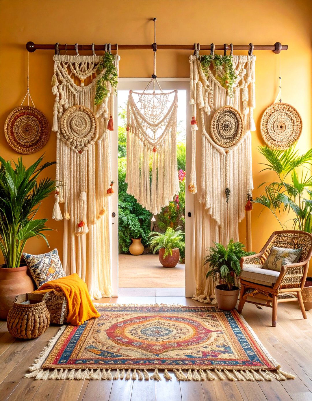 Boho French Door Curtains with Macrame Details - 24 French Door Curtain Ideas