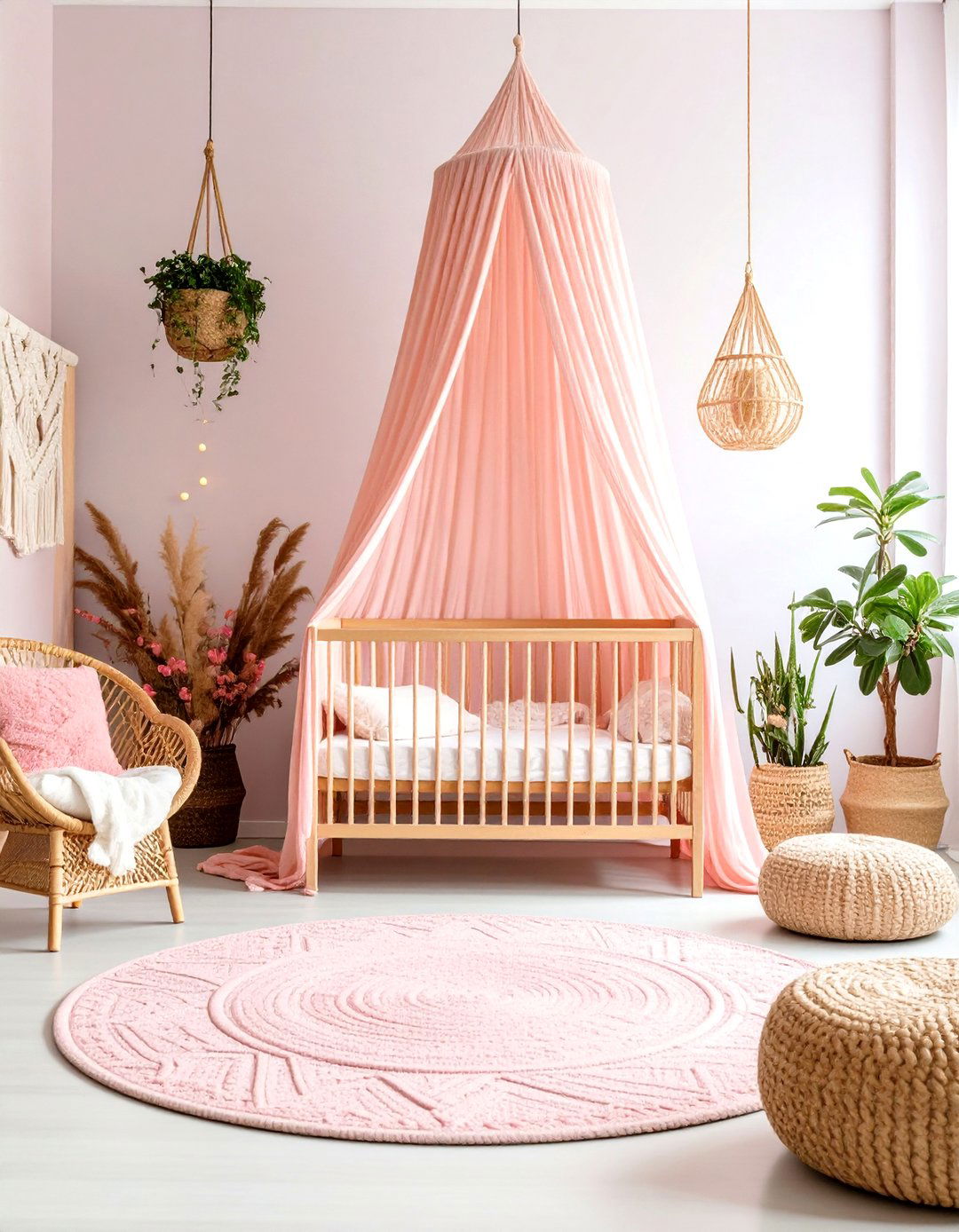 Boho Pink Nursery with Macrame Canopy - 24 Pink Nursery Ideas