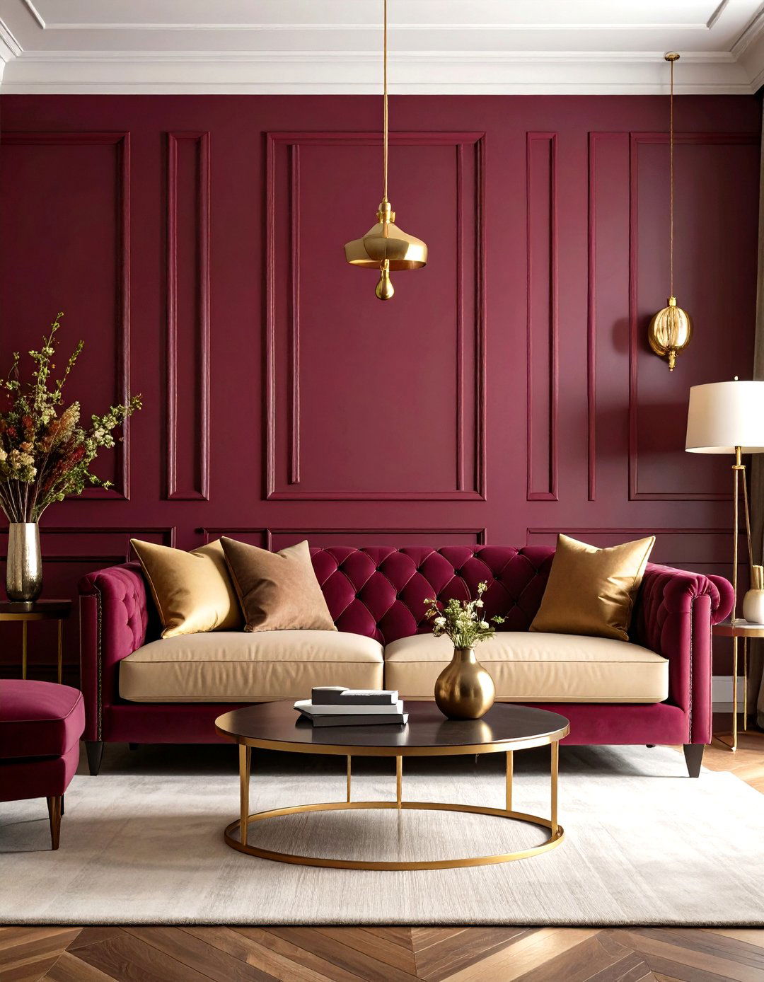 Bold Burgundy Walls with Neutral Furnishings - 24 Red Living Room Ideas