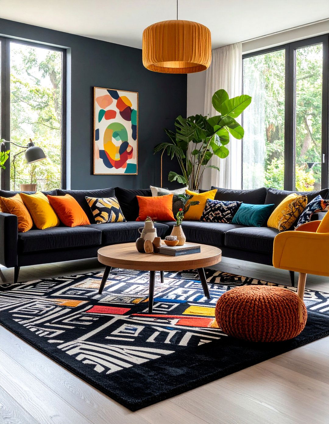 Bold Color Accent Combination - 24 Black Carpet Living Room Ideas
