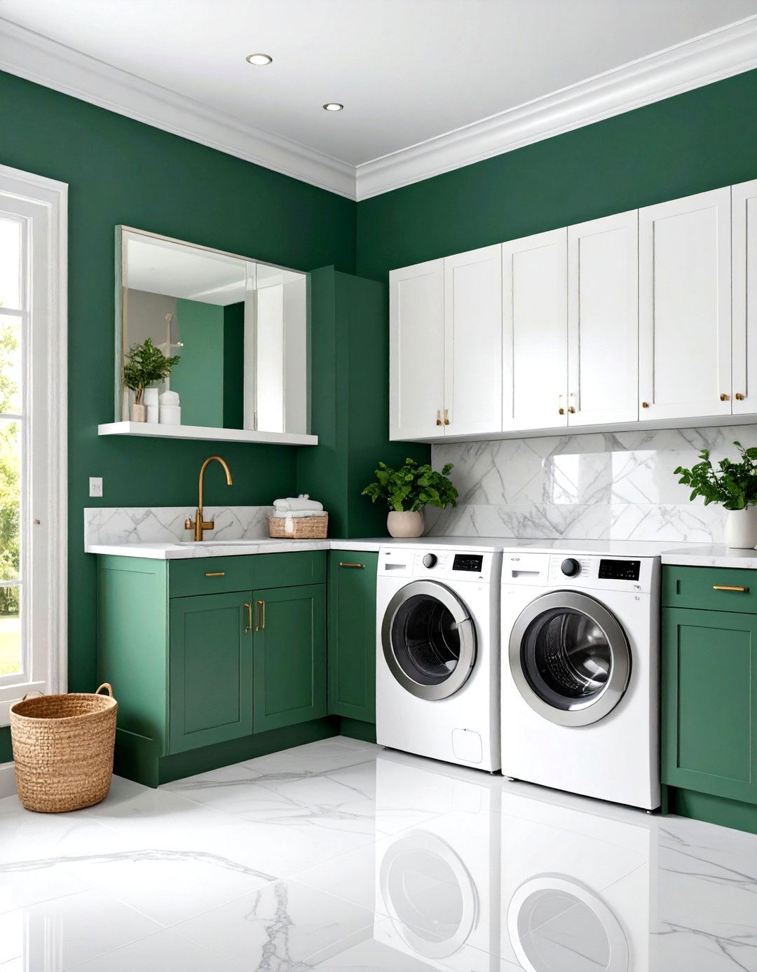 Bold Forest Green Walls with White Trim - 24 Green Laundry Room Ideas