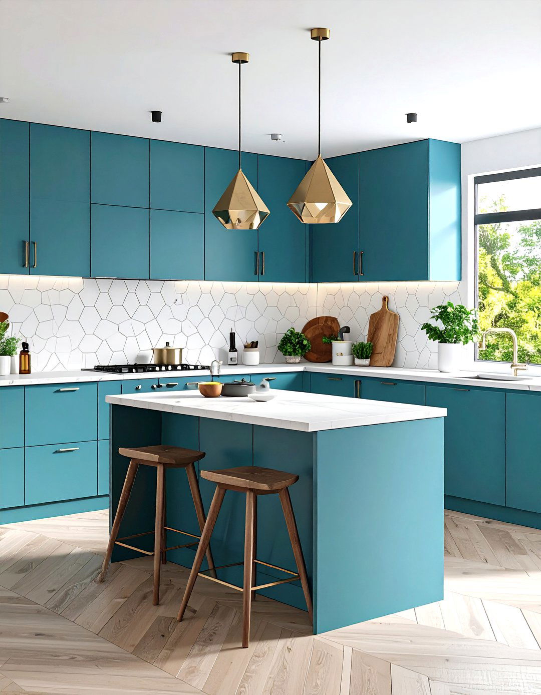Bold Geometric Teal Kitchen - 24 Teal and White Kitchen Ideas