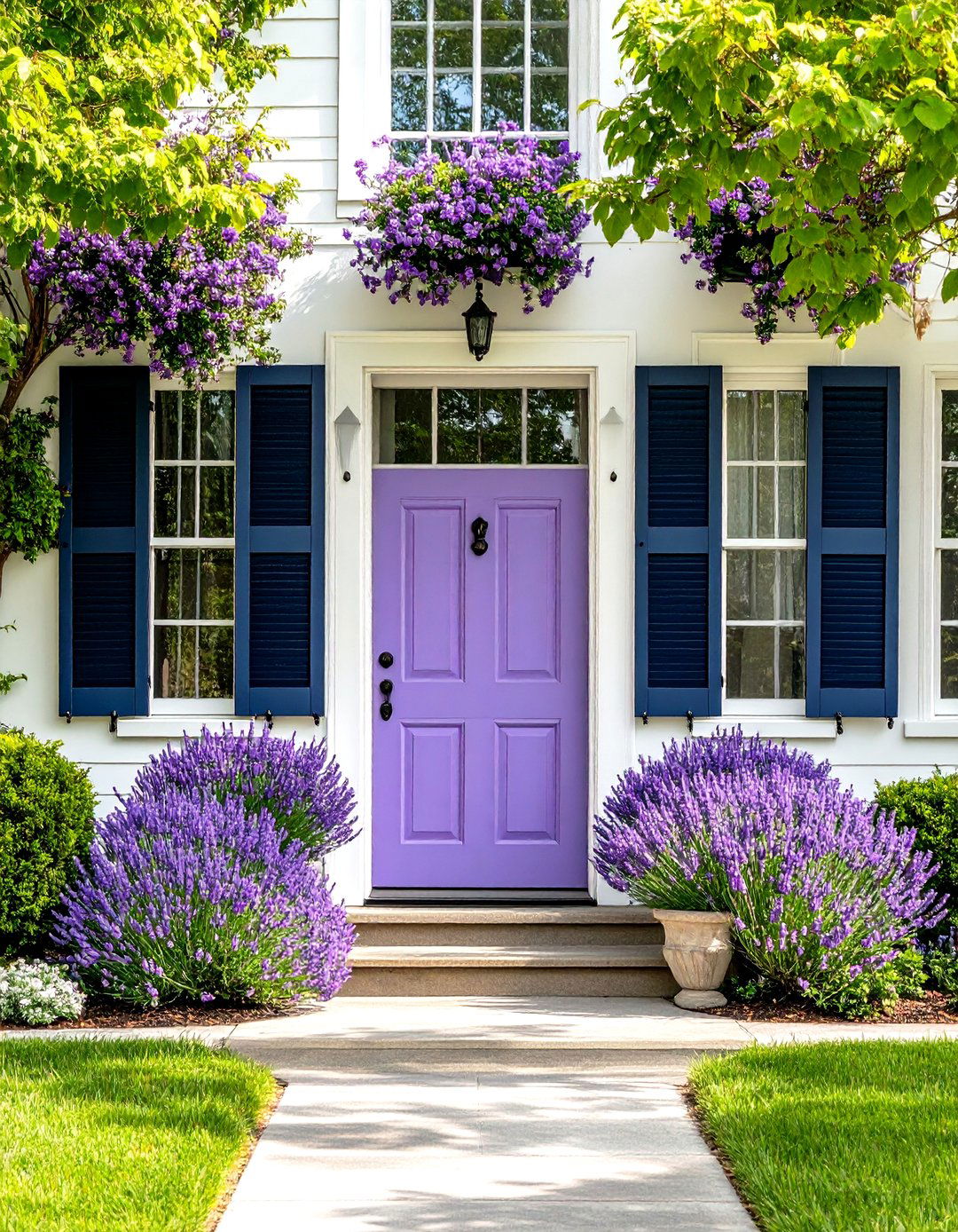 Bold Lavender Door with Contrasting Shutters - 24 Lavender Front Door Ideas