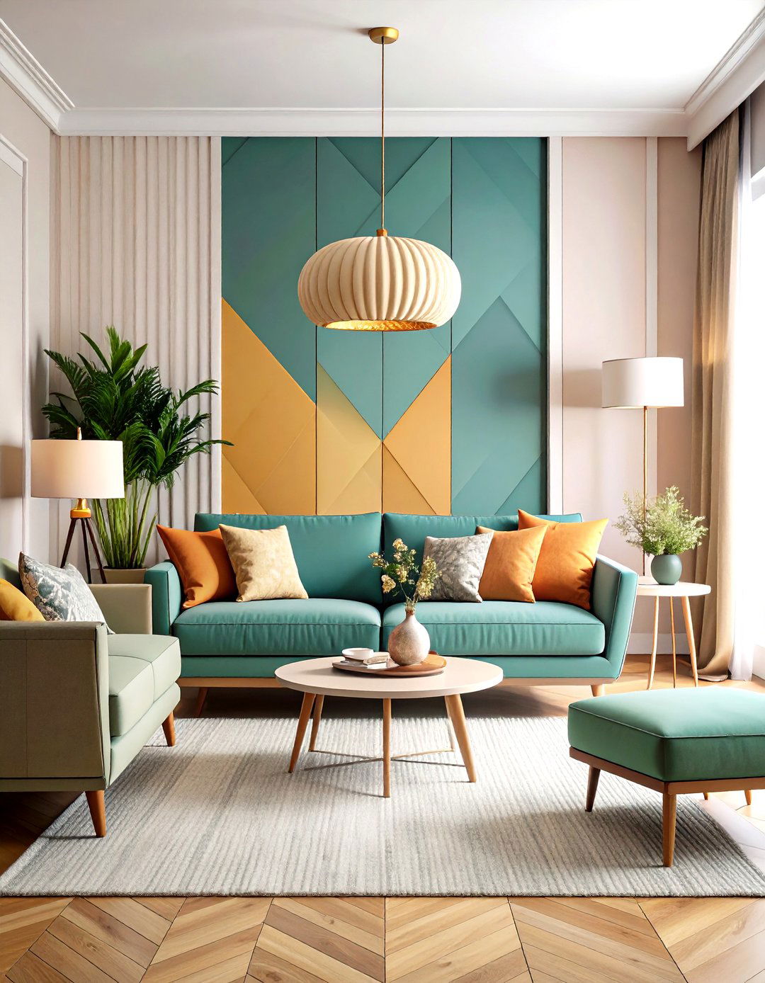 Bold Living Room Accent Wall with Geometric Patterns - 24 Simple Living Room Ideas