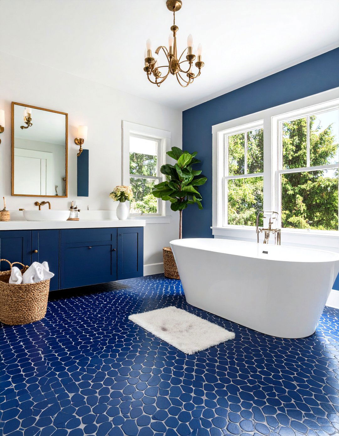 Bold Navy Blue Statement Design - 24 Penny Tile Bathroom Floor Ideas