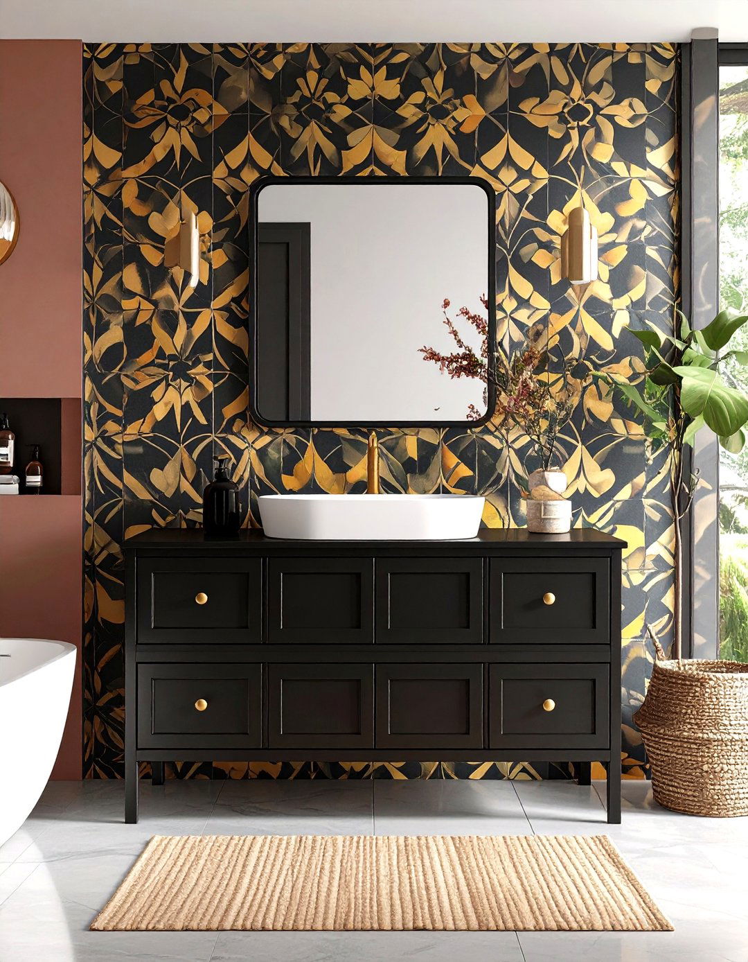 Bold Pattern Black Vanity Statement - 24 Black Vanity Bathroom Ideas