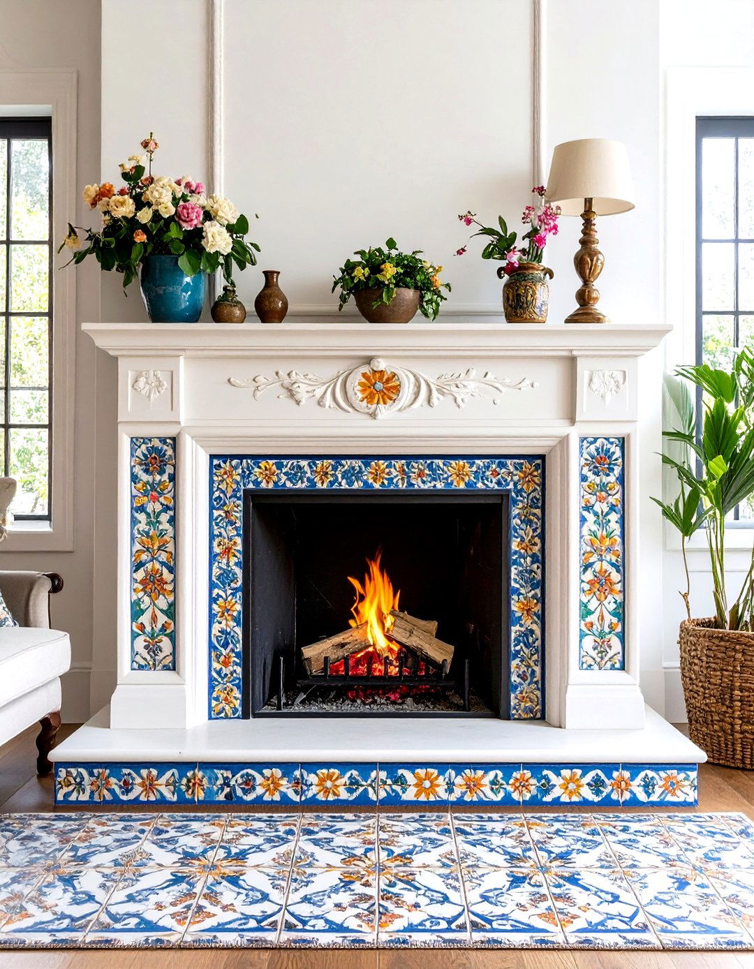 Bold Patterned Encaustic Cement Tiles - 24 Fireplace Backsplash Ideas