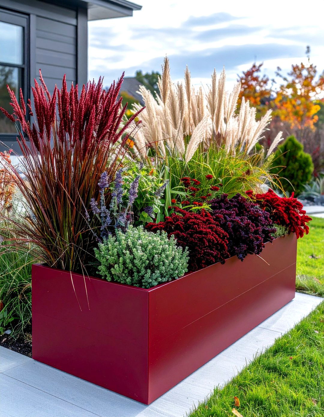Bold Red and Burgundy Statement Box - 24 Fall Flower Box Ideas