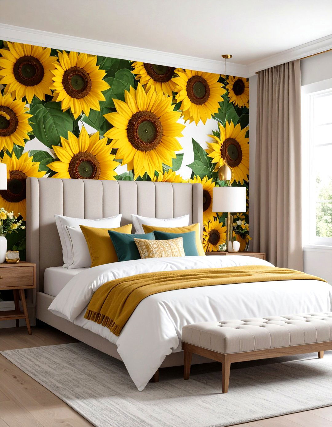 Bold Sunflower Wallpaper Accent Wall - 24 Sunflower Bedroom Ideas