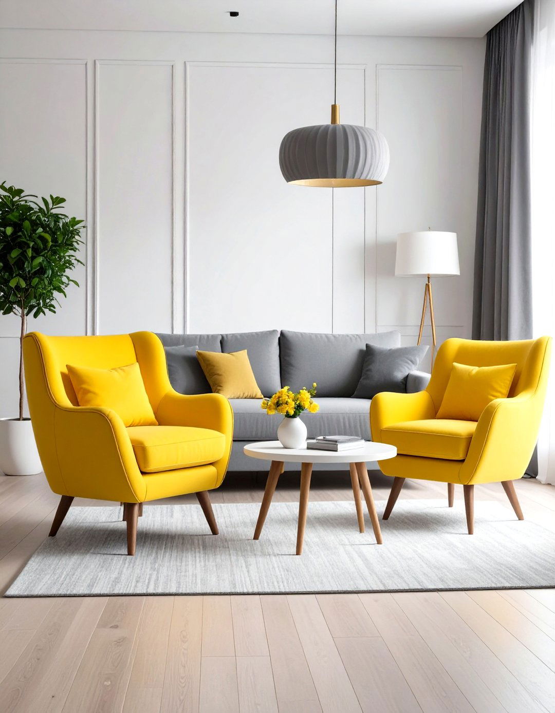 Bold Yellow Accent Chairs with Grey Seating - 24 Grey and Yellow Living Room Ideas