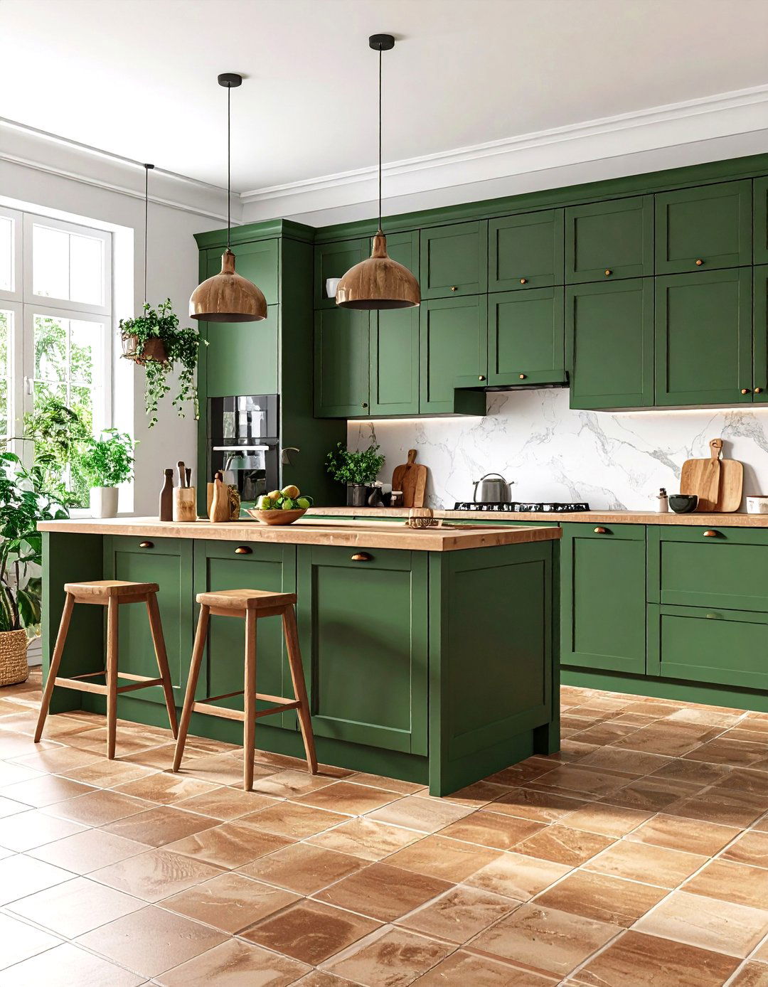 Botanical Green Cabinets with Brown Ceramic Tiles - 24 Green and Brown Kitchen Ideas