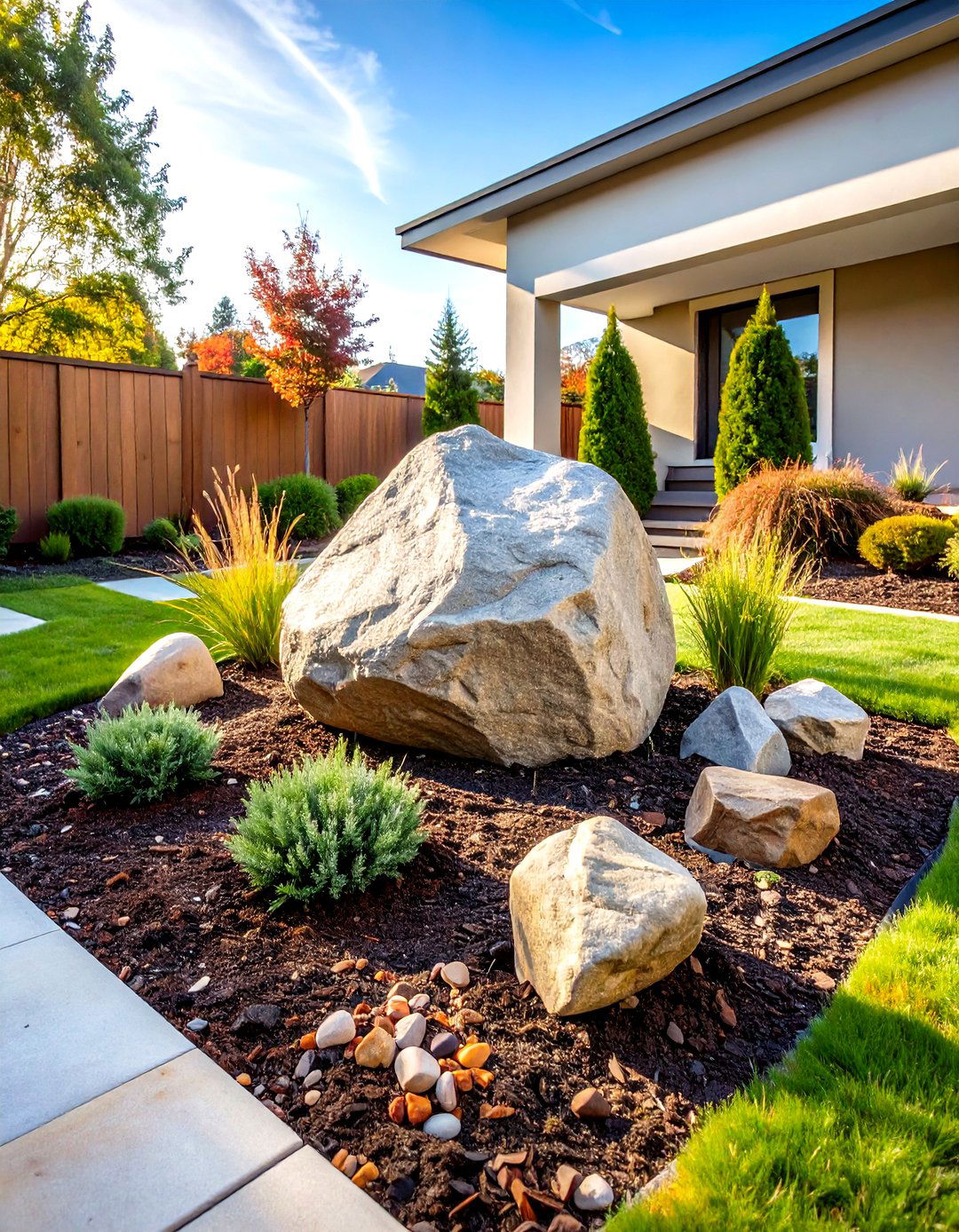 Boulder Focal Point Gardens - 24 Front Yard Landscaping Ideas With Rocks and Mulch