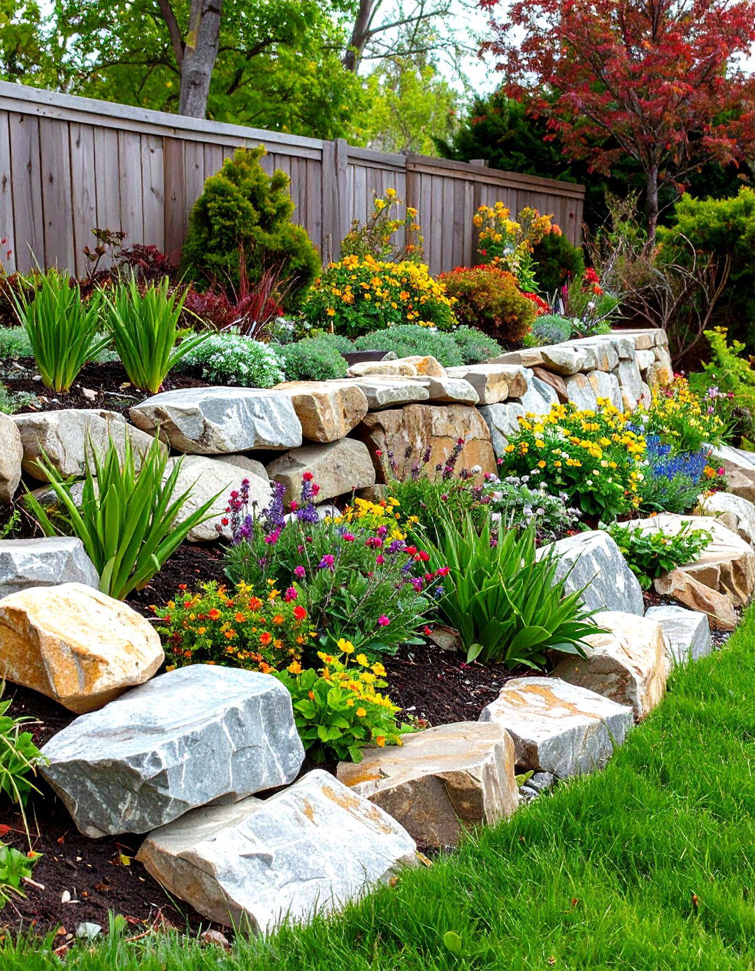 Boulder Retaining Wall with Natural Fieldstone - 24 Retaining Wall Ideas for Sloped Backyard
