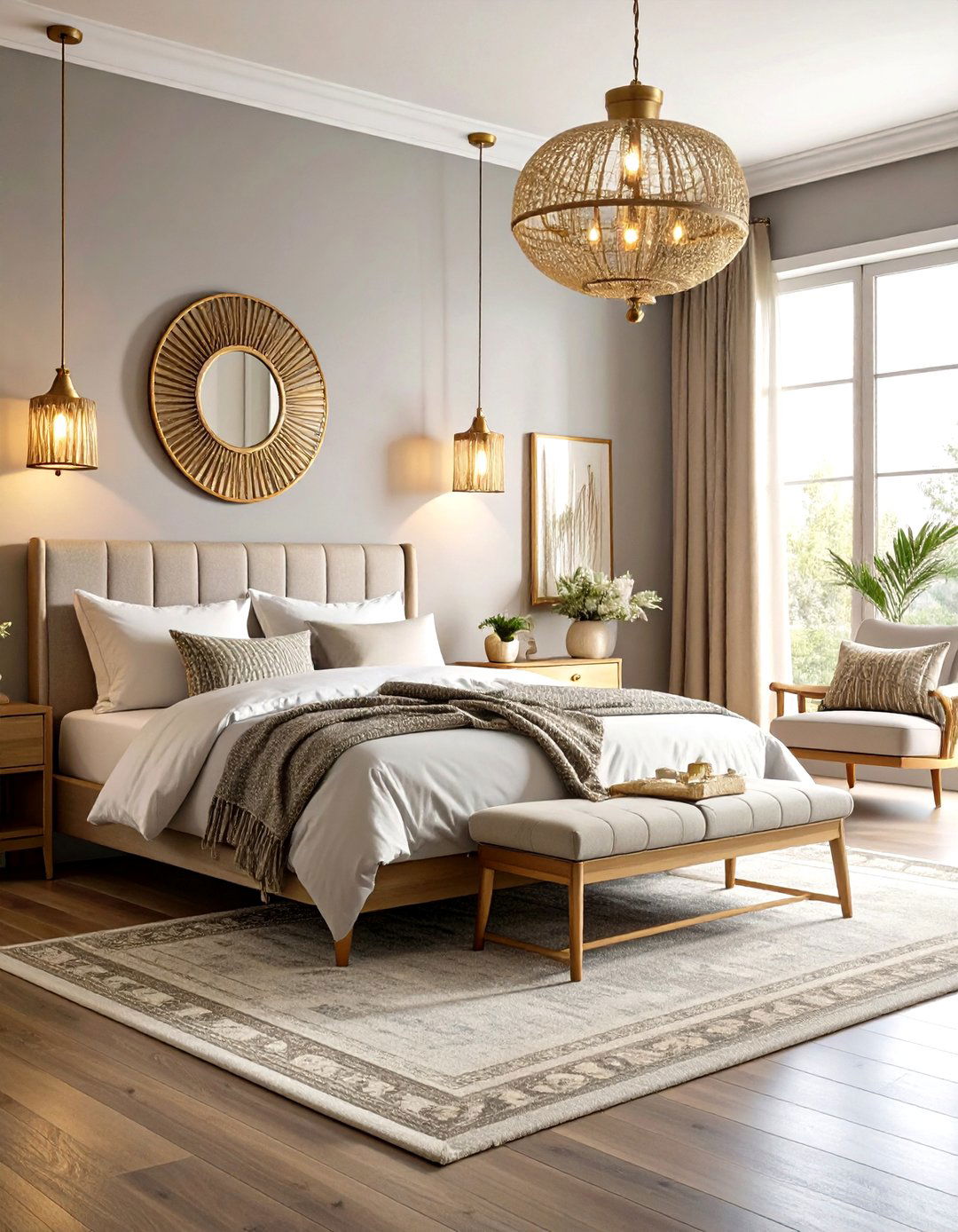 Brass Accents Grey Boho Bedroom Warmth - 24 Grey Boho Bedroom Ideas