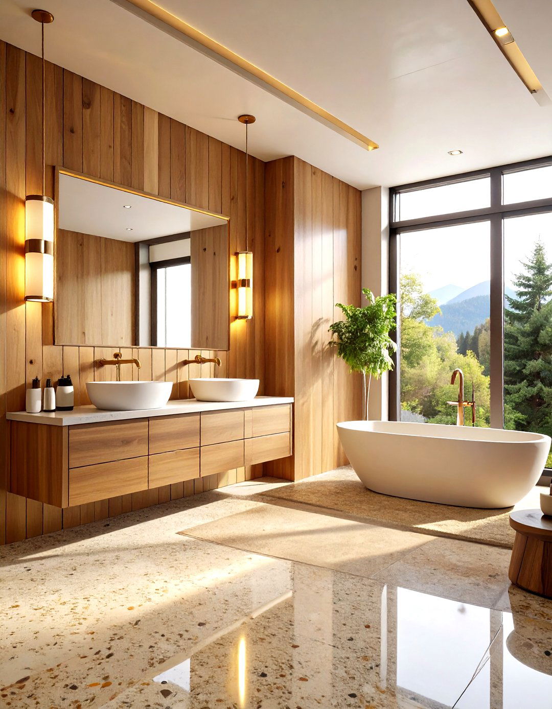 Brass Fixture Bathroom with Warm Wood Wainscoting - 24 Mid-century Modern Bathroom Ideas