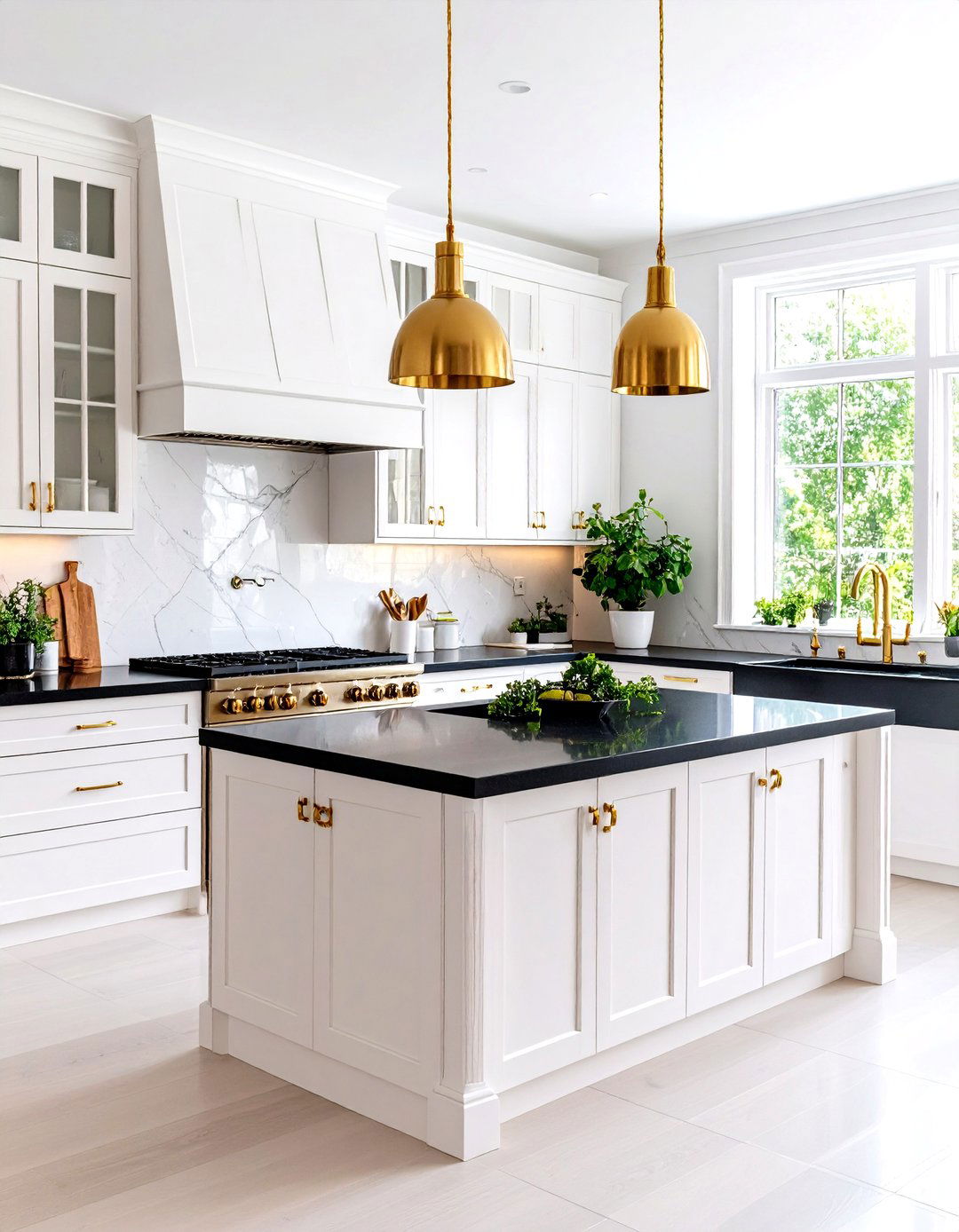 Brass Hardware Accent Details - 24 Kitchen With White Cabinets and Black Countertops Ideas