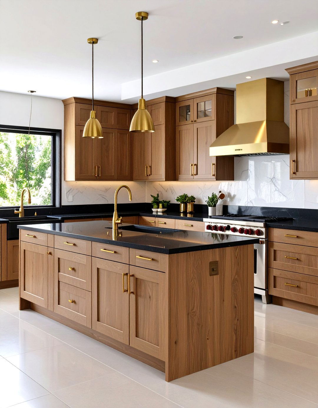 Brass Hardware Accents for Brown and Black Kitchen - 24 kitchen with brown cabinets and black countertops ideas