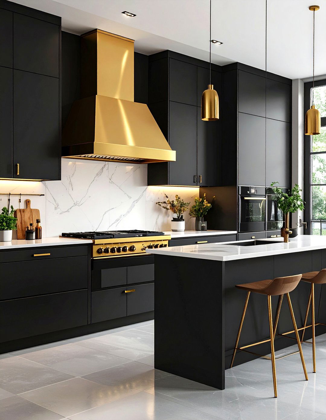 Brass Range Hood with Black Kitchen Cabinets - 24 Black and Gold Kitchen Ideas