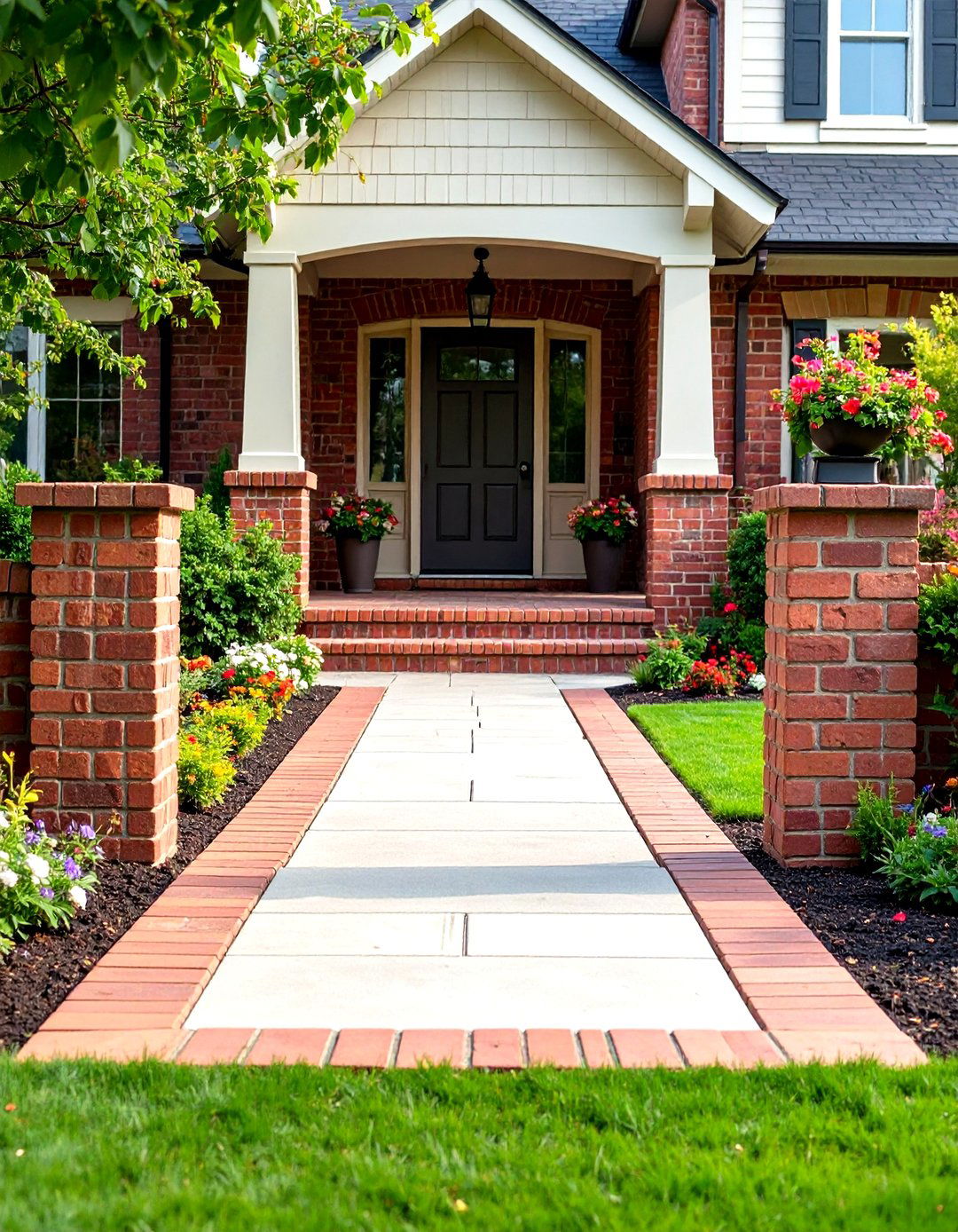Brick Border with Stamped Center - 24 Concrete Walkway Ideas