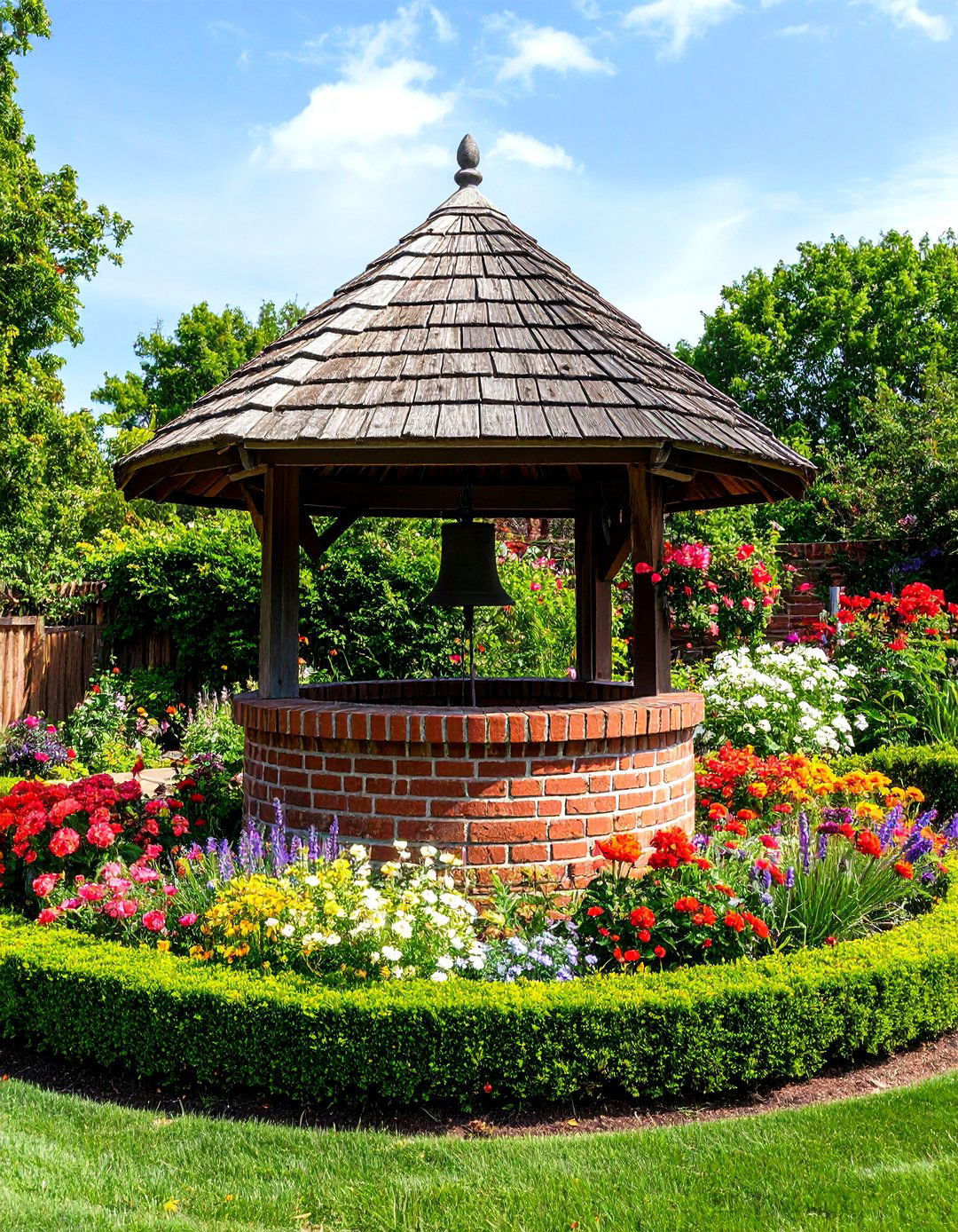 Brick Colonial Wishing Well with Formal Gardens - 24 Outdoor Wishing Well Garden Ideas