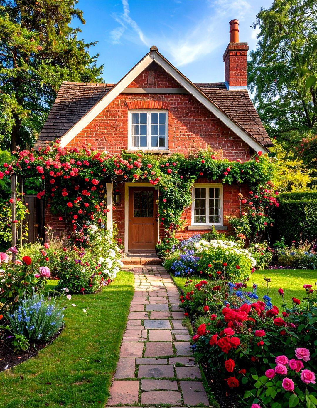 Brick Cottage with Climbing Roses - 24 Cottagecore House Exterior Ideas