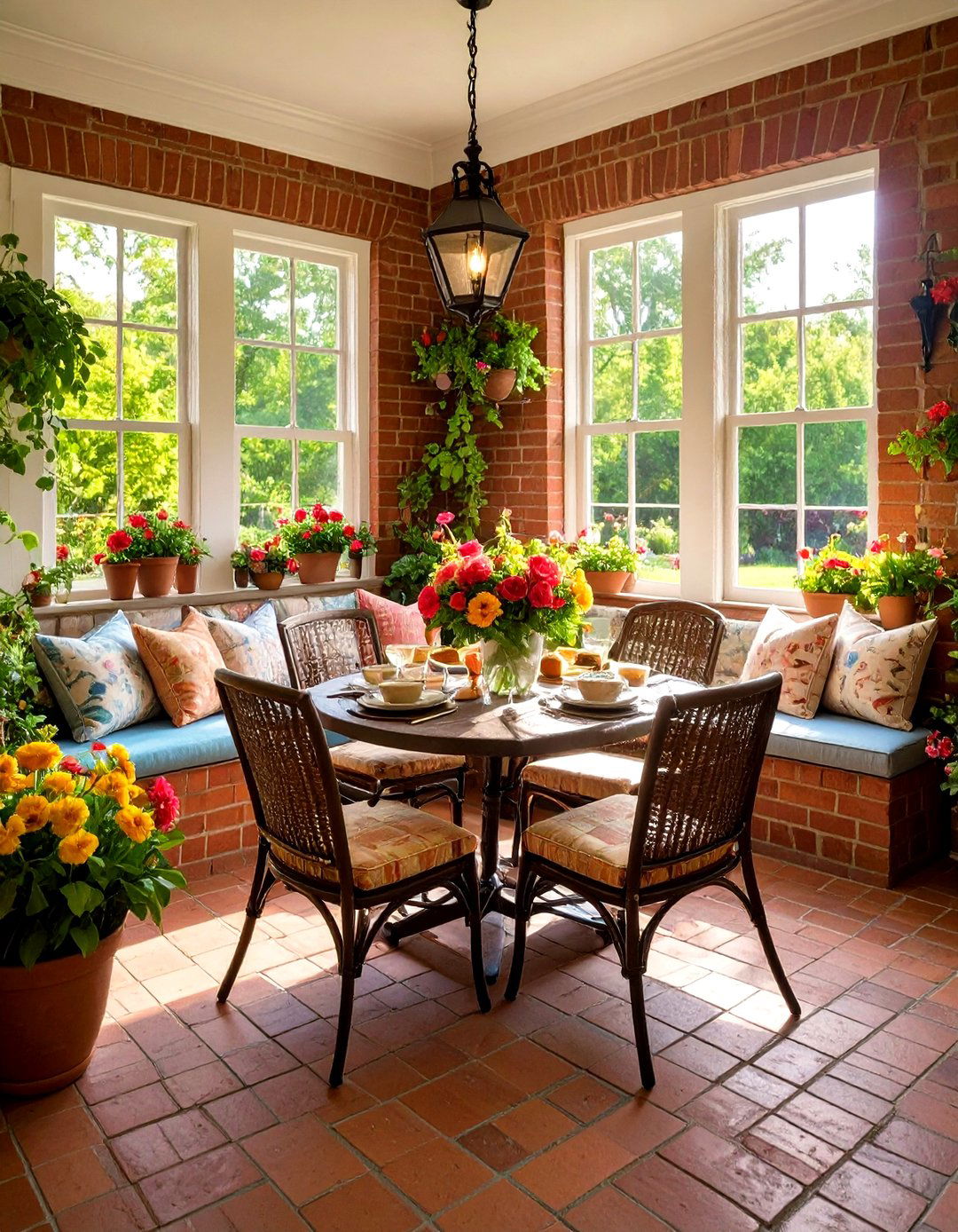 Brick Floor Sunroom Breakfast Nook - 24 Brick Floor Sunroom Ideas