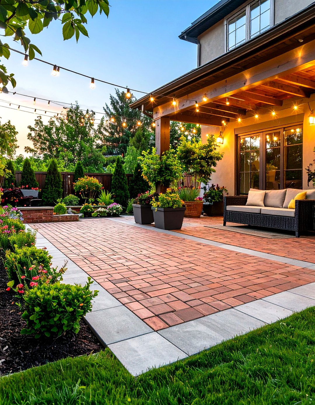 Brick and Concrete Paver Patio with Border Design - 24 Paver Patio Ideas