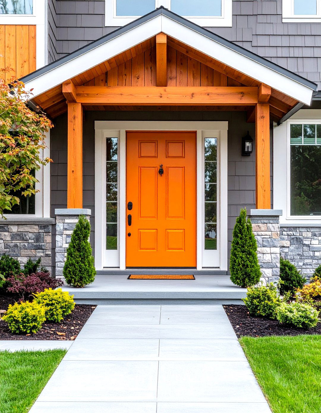 Bright Orange Cedar Front Door with Energetic Welcome - 24 Cedar Front Door Colors Ideas