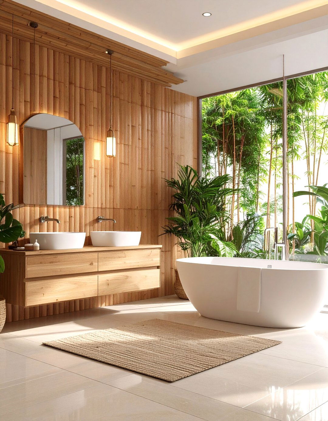 Brown Bamboo Elements with White Ceramic Fixtures - 24 Brown and White Bathroom Ideas