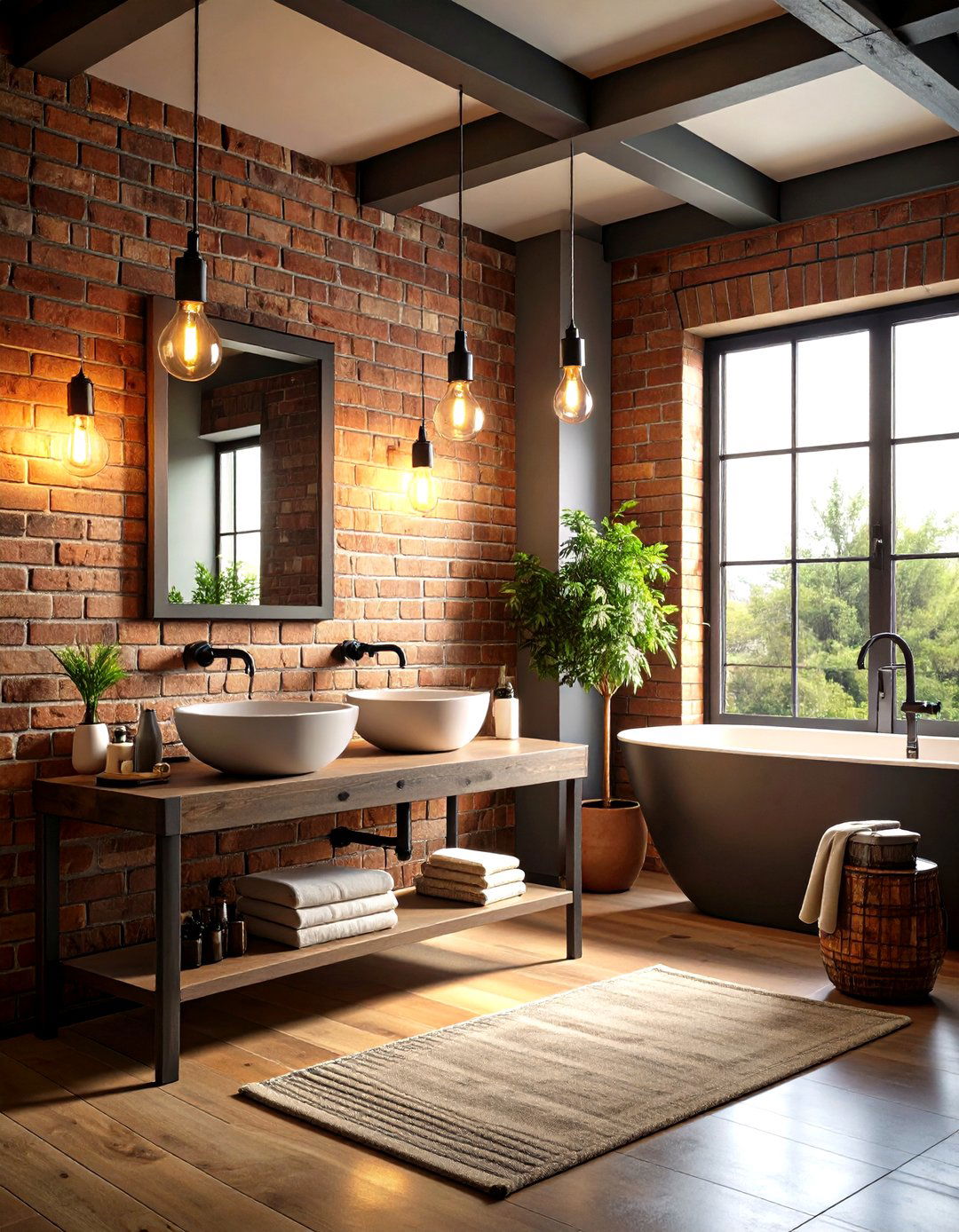 Brown Brick Accent Wall with Black Industrial Fixtures - 24 brown and black bathroom ideas