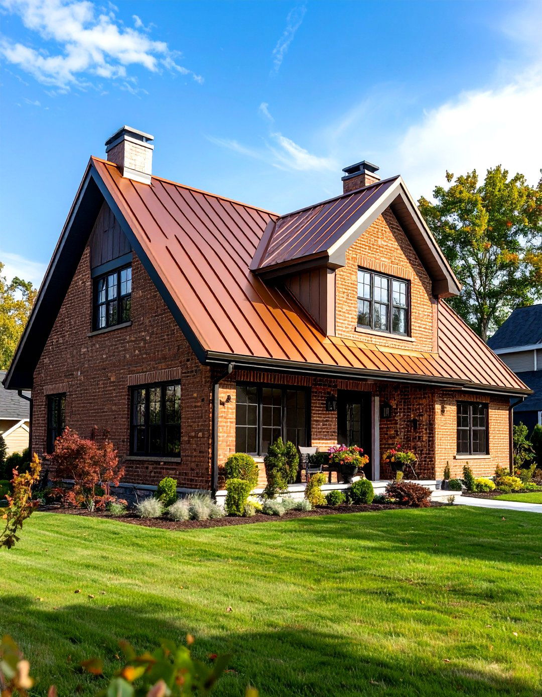 Brown Brick with Copper Metal Roofing - 24 Exterior Brick and Paint Color Combinations
