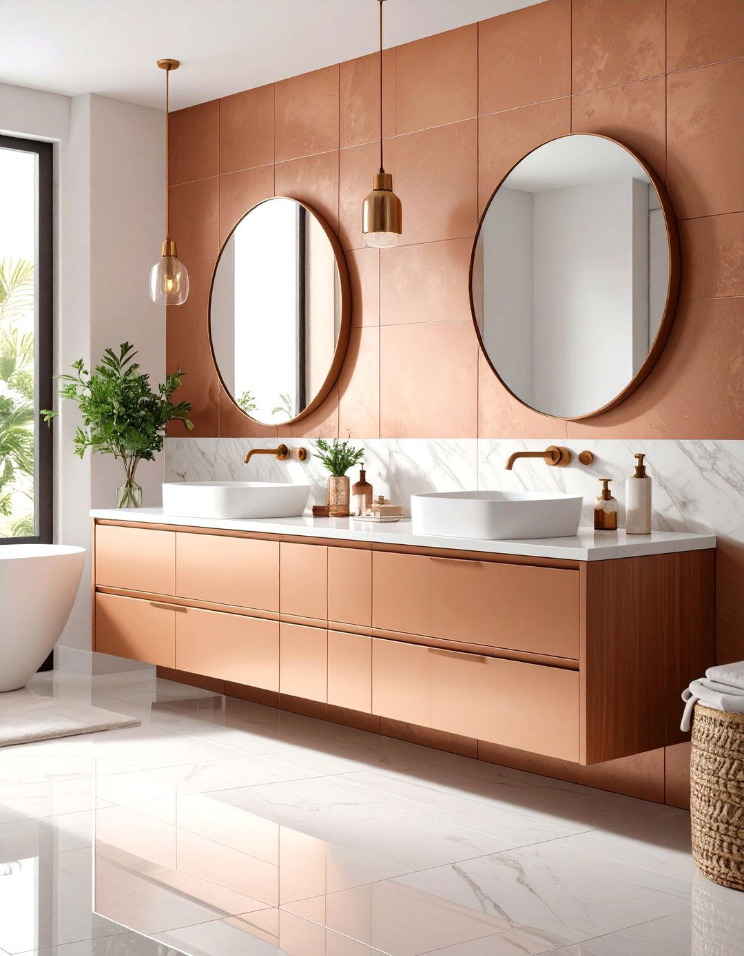 Brown Copper Tone Tiles with White Countertops - 24 Brown and White Bathroom Ideas