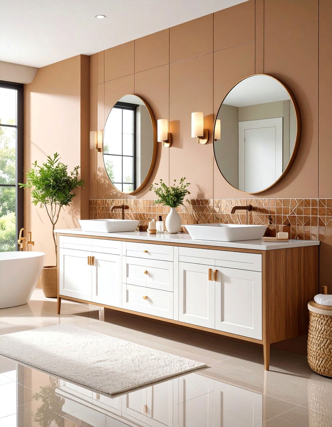 Brown Glass Tile Backsplash with White Cabinetry - 24 Brown and White Bathroom Ideas