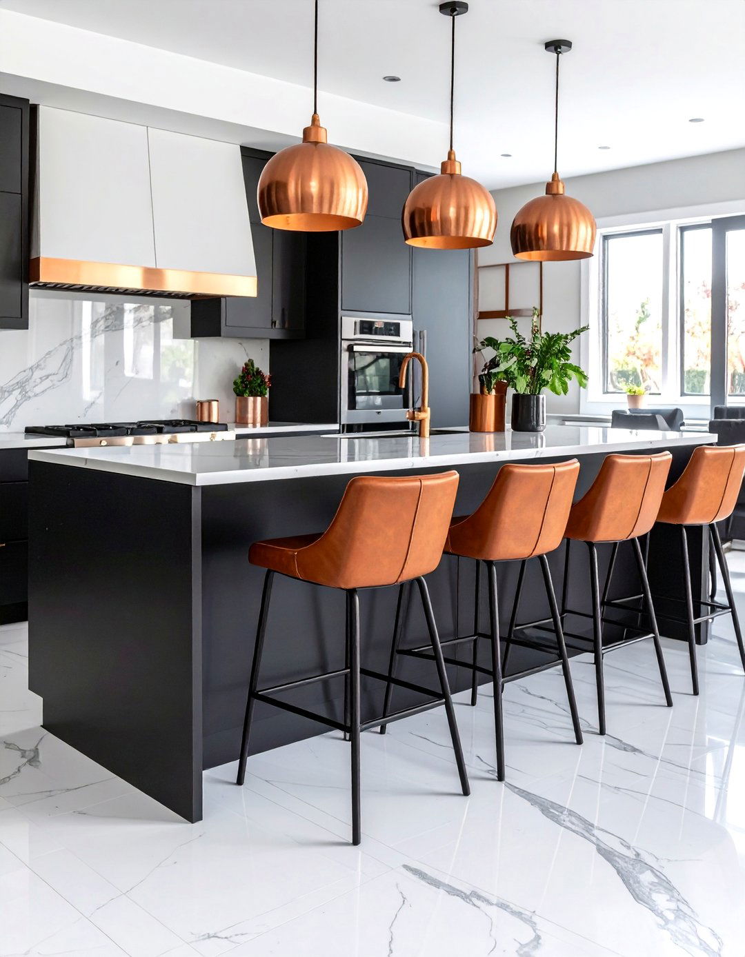 Brown Leather Bar Stools with Black Kitchen Island - 24 Black and Brown Kitchen Ideas