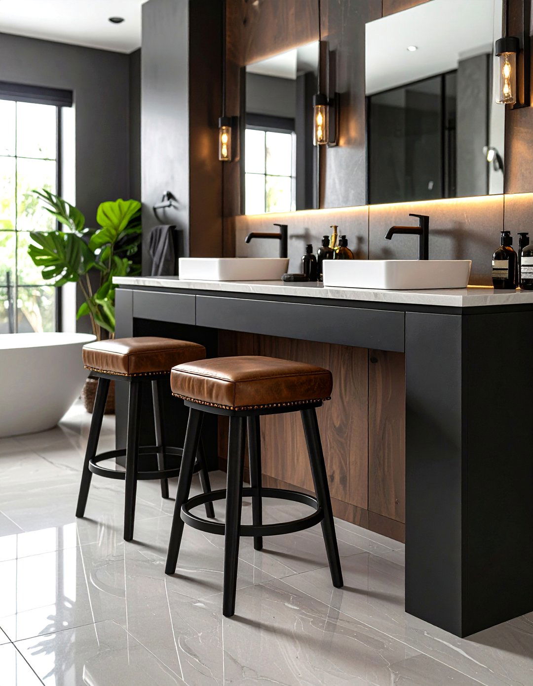 Brown Leather Vanity Stool with Black Fixtures - 24 brown and black bathroom ideas