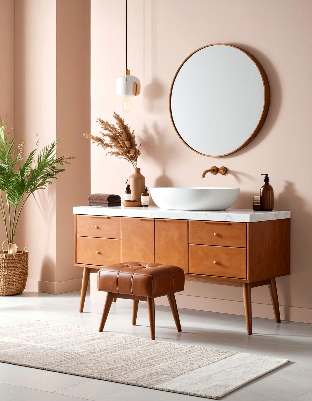 Brown Leather Vanity Stool with White Fixtures - 24 Brown and White Bathroom Ideas