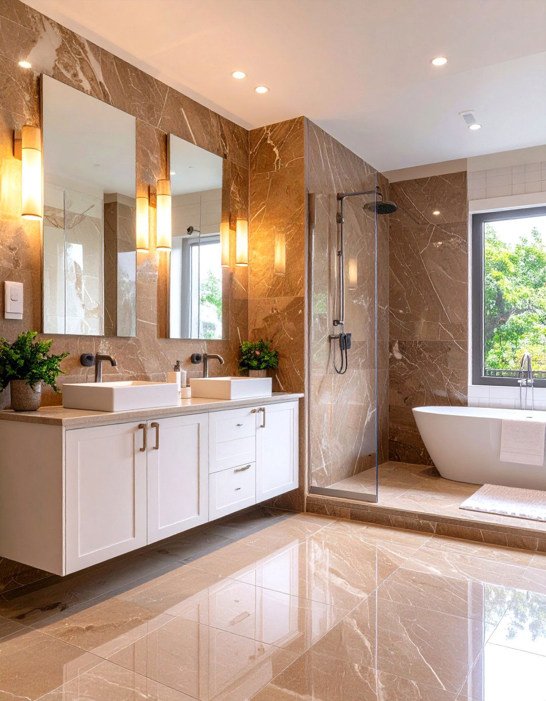 Brown Marble Shower Surround with White Vanity - 24 Brown and White Bathroom Ideas