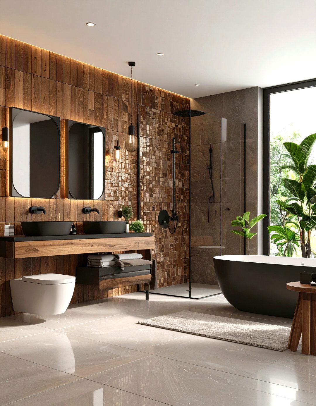 Brown Mosaic Accent Wall with Black Hardware - 24 brown and black bathroom ideas