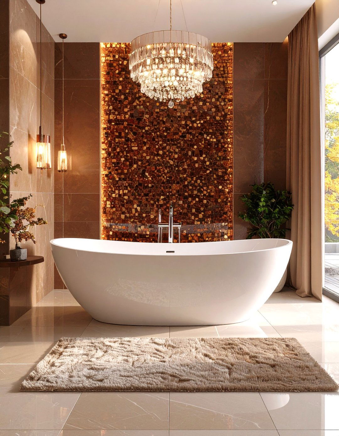 Brown Mosaic Accent Wall with White Ceramics - 24 Brown and White Bathroom Ideas