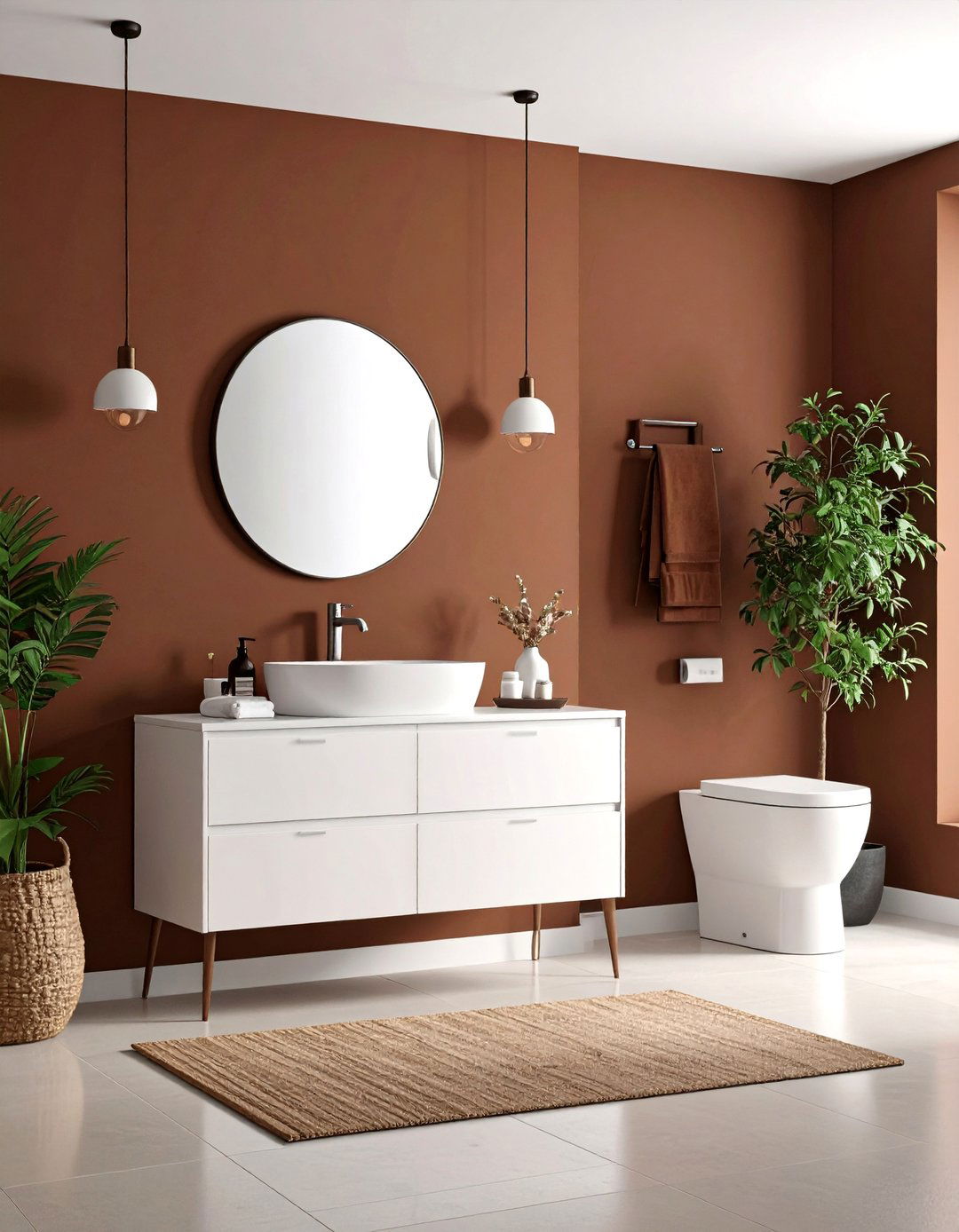 Brown Painted Accent Wall with White Fixtures - 24 Brown and White Bathroom Ideas