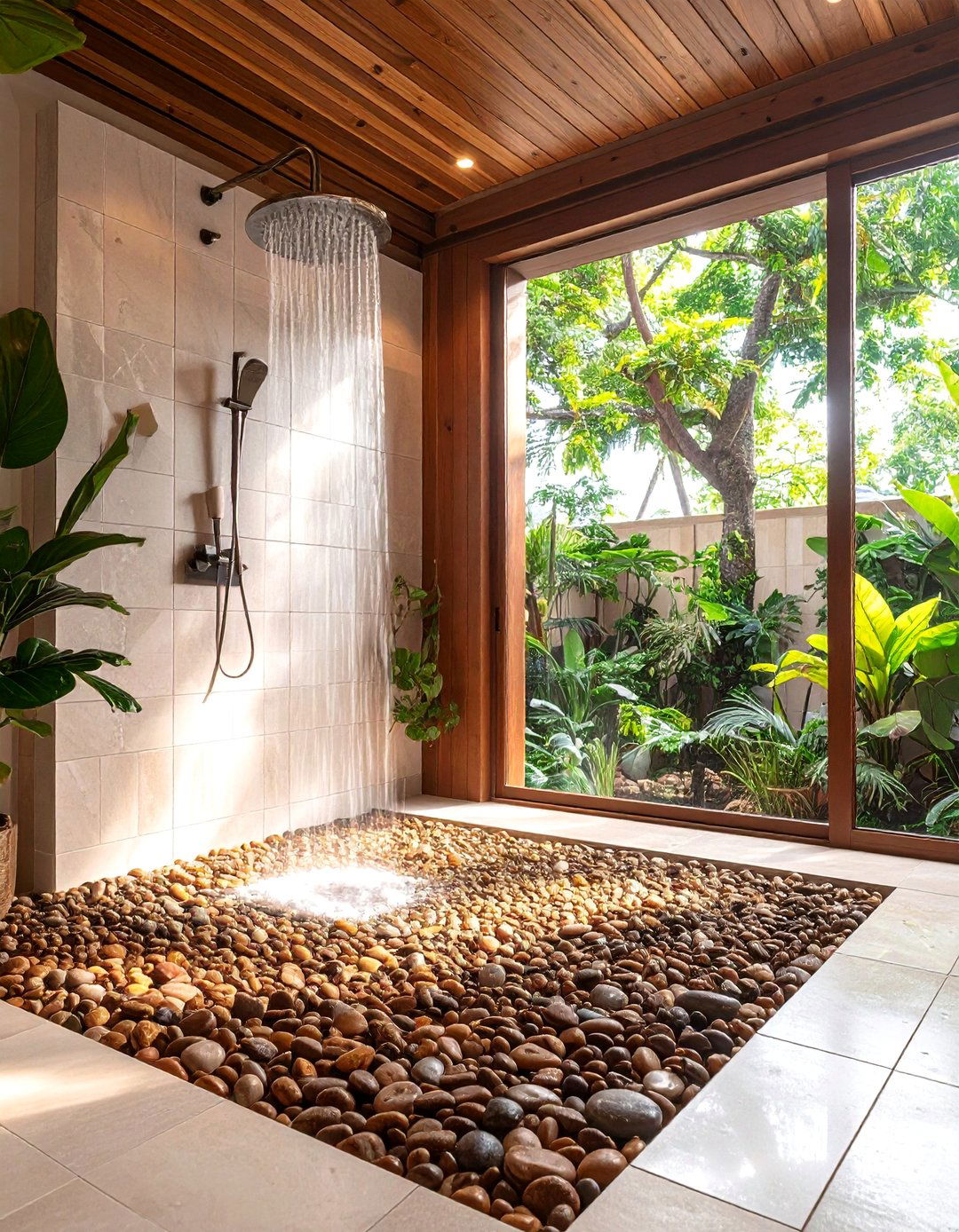 Brown Pebble Shower Floor with White Wall Tiles - 24 Brown and White Bathroom Ideas