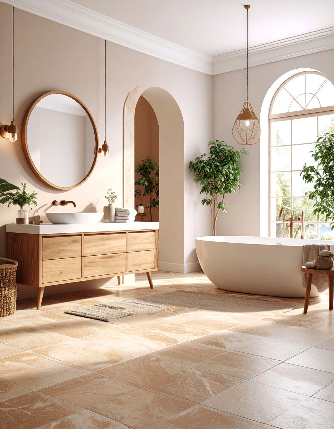 Brown Stone Floor Tiles with White Wall Treatments - 24 Brown and White Bathroom Ideas