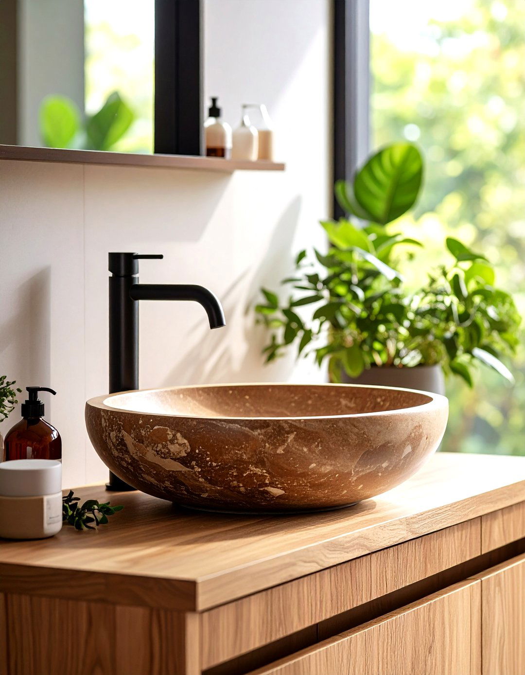 Brown Stone Vessel Sink with Black Wall Mount Faucet - 24 brown and black bathroom ideas