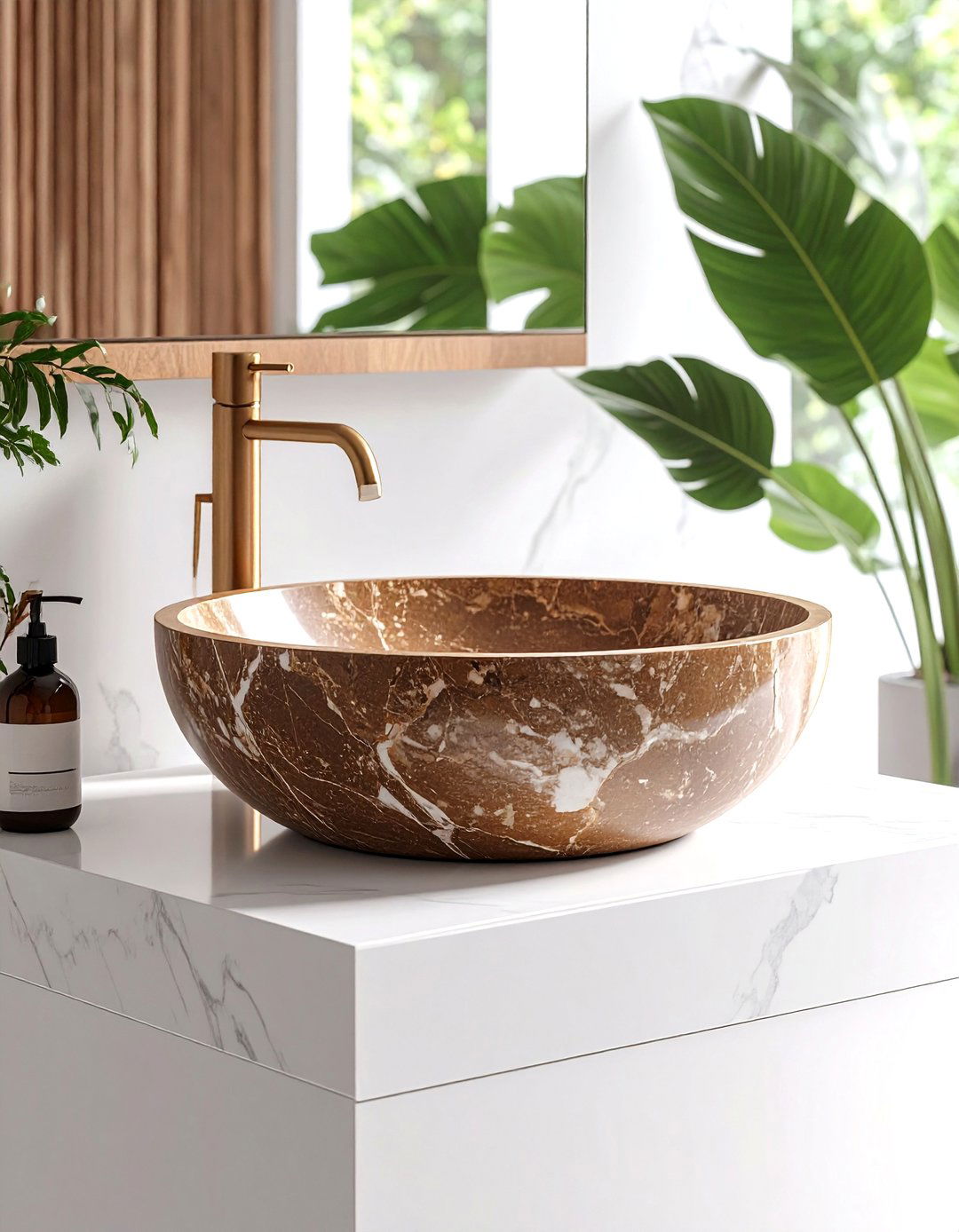 Brown Stone Vessel Sink with White Pedestal Base - 24 Brown and White Bathroom Ideas
