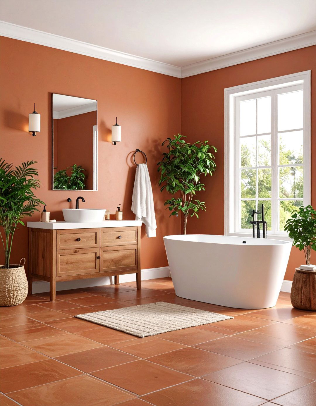 Brown Terracotta Tiles with White Trim Details - 24 Brown and White Bathroom Ideas