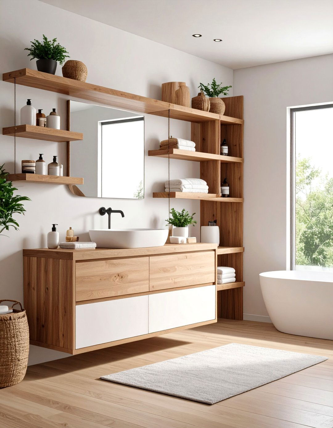 Brown Wood Floating Shelves with White Storage - 24 Brown and White Bathroom Ideas