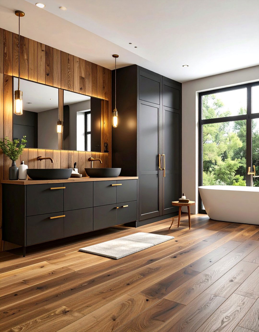 Brown Wood Floors with Black Vanity Cabinets - 24 brown and black bathroom ideas