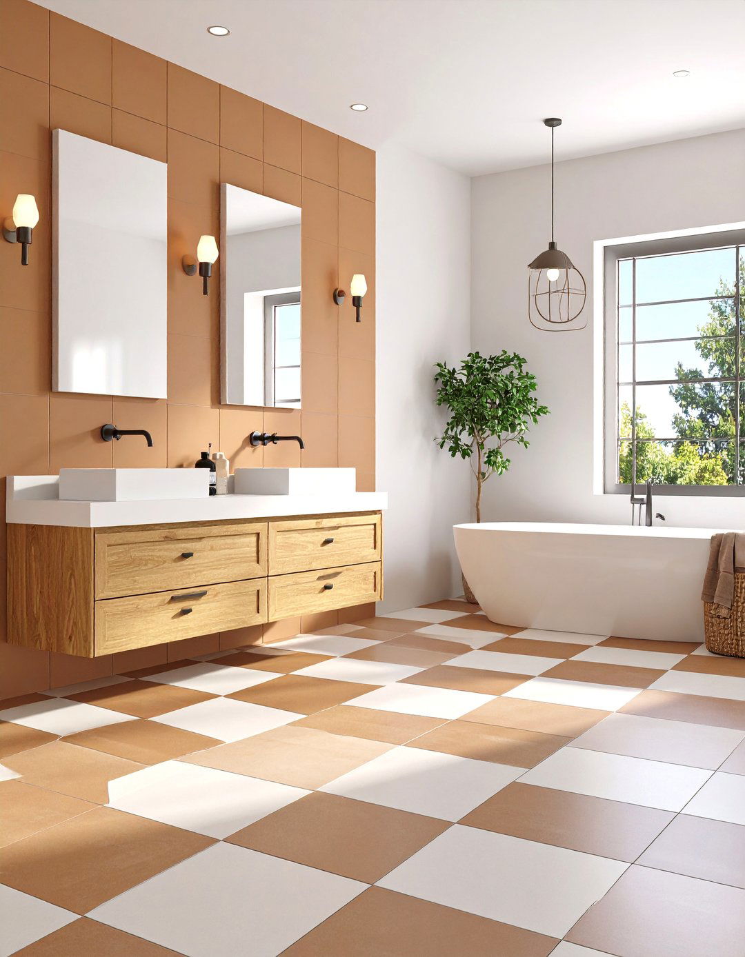 Brown and White Checkerboard Floor Pattern - 24 Brown and White Bathroom Ideas