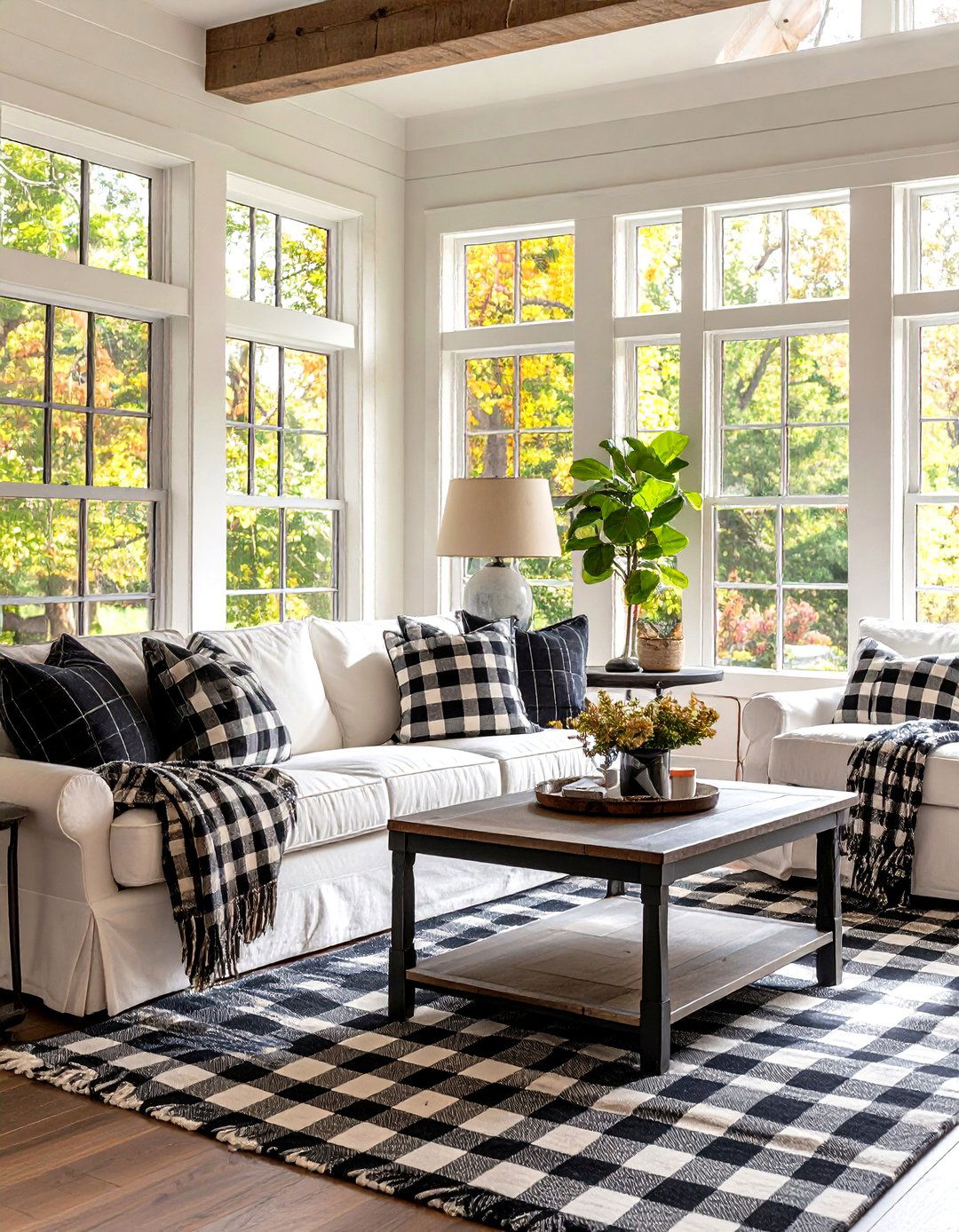 Buffalo Check Pattern Accents - 24 Farmhouse Living Room Ideas