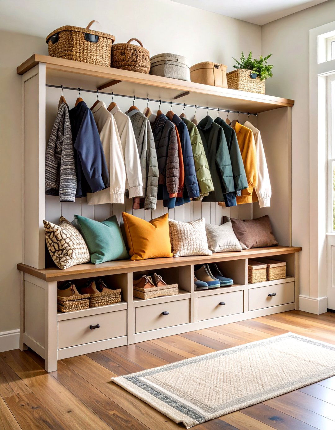 Built In Bench with Shoe Drawers - 24 Farmhouse Mudroom Ideas